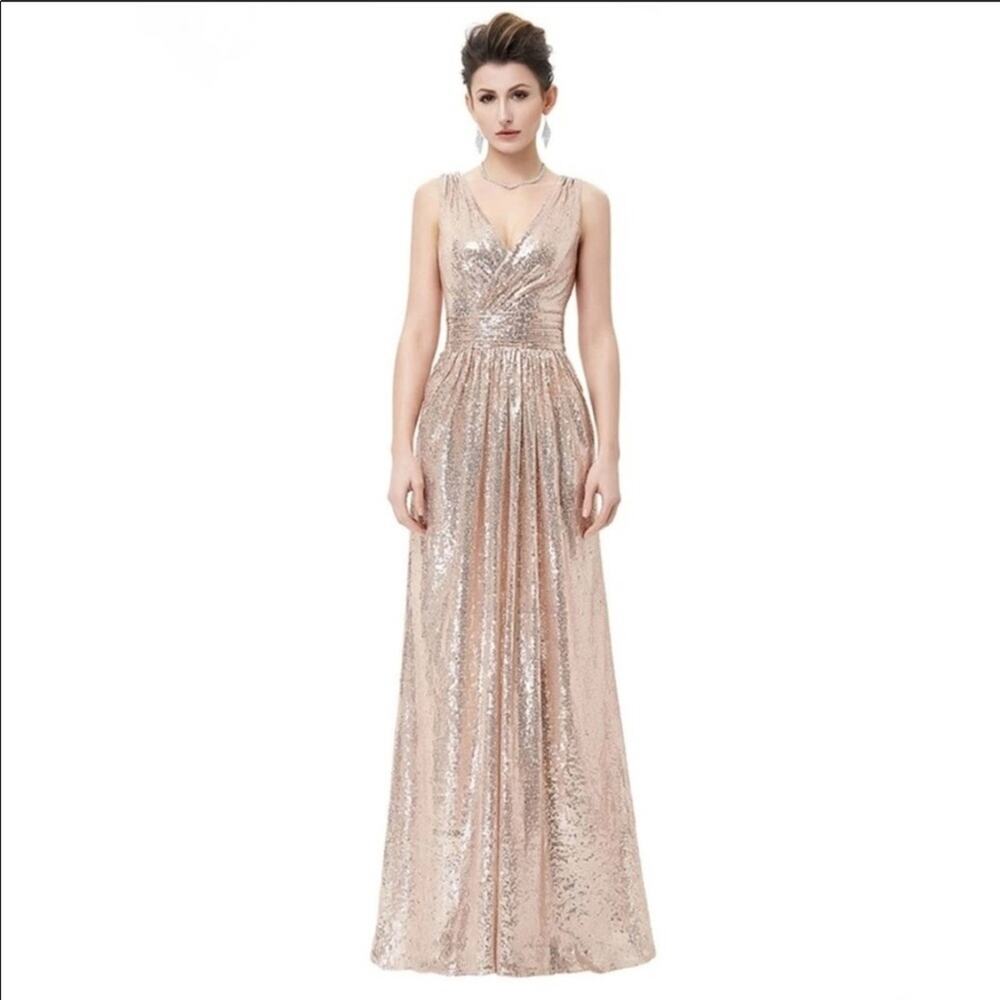 NEW KATE KASIN Pink Rose Gold Champagne VNeck Sequin Sparkle Maxi Gown Dress 10 - Picture 2 of 10